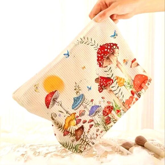 Mushroom corduroy cosmetic case makeup bag travel pouch - Picture 2 of 11